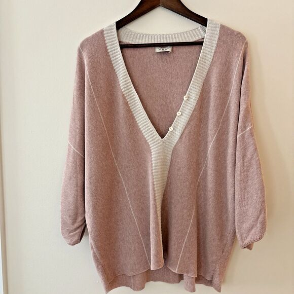 Wrap London Sweaters - Wrap London Organic Cotton PInk & Cream Low V-neck Sweater Dolman Sleeves 12